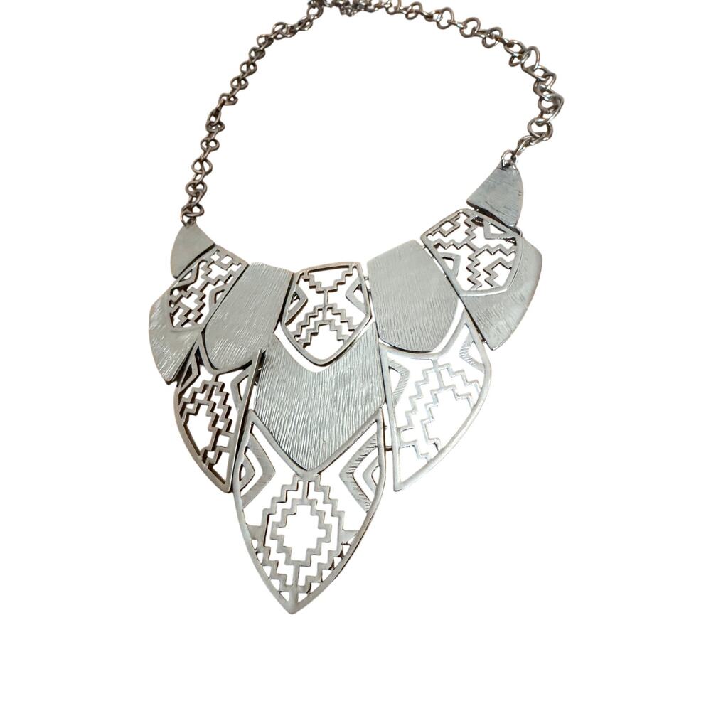 Macy’s Hematite Silver Tone Geometric Openwork Statement Bib Necklace NWT